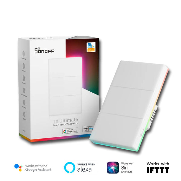 Interruptor Inteligente SONOFF TX Ultimate con diseño táctil ampliado, iluminación LED RGB, retroalimentación multisensorial y compatibilidad con asistentes de voz. Ideal para el control de iluminación en hogares y oficinas. Incluye automatización y temporizadores mediante la app eWeLink.