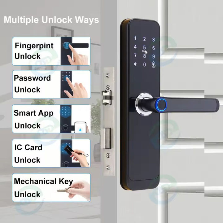 Cerradura Inteligente Z13 Tuya WiFi con huella digital, clave, tarjeta RFID y llave mecánica. Permite registrar hasta 100 usuarios por huella y tarjeta. Compatible con la app Tuya Smart para desbloqueo remoto, generación de claves temporales y monitoreo de acceso. Ideal para hogares y propiedades de alquiler tipo Airbnb, fabricada en diseño moderno y conectividad WiFi 2.4 GHz.