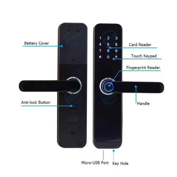 Cerradura Inteligente Z13 Tuya WiFi con huella digital, clave, tarjeta RFID y llave mecánica. Permite registrar hasta 100 usuarios por huella y tarjeta. Compatible con la app Tuya Smart para desbloqueo remoto, generación de claves temporales y monitoreo de acceso. Ideal para hogares y propiedades de alquiler tipo Airbnb, fabricada en diseño moderno y conectividad WiFi 2.4 GHz.