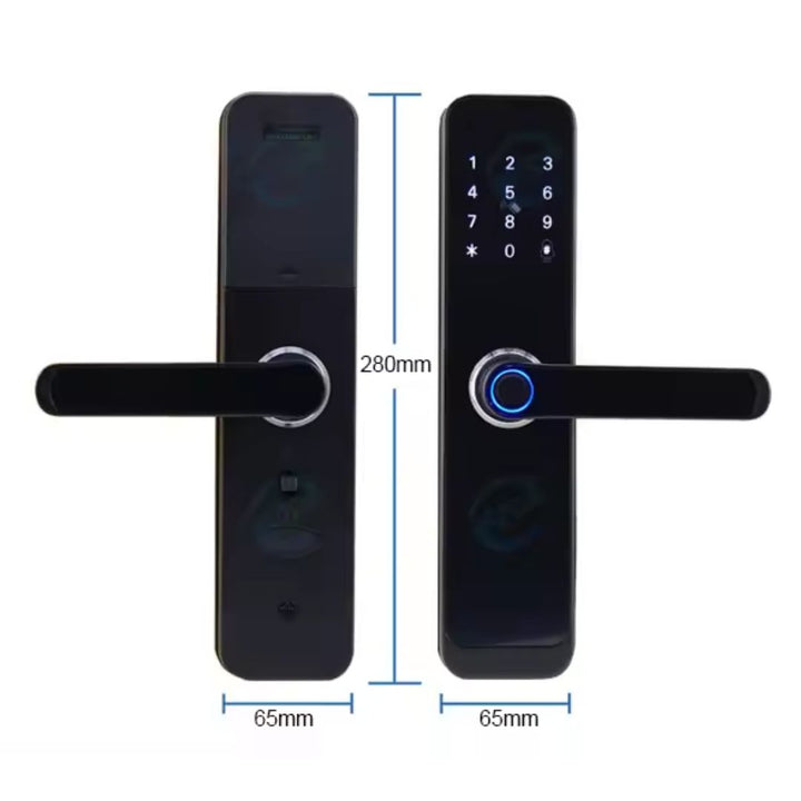 Cerradura Inteligente Z13 Tuya WiFi con huella digital, clave, tarjeta RFID y llave mecánica. Permite registrar hasta 100 usuarios por huella y tarjeta. Compatible con la app Tuya Smart para desbloqueo remoto, generación de claves temporales y monitoreo de acceso. Ideal para hogares y propiedades de alquiler tipo Airbnb, fabricada en diseño moderno y conectividad WiFi 2.4 GHz.