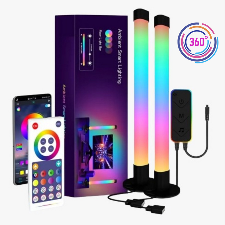 Pack de 2 Barras de Luz LED RGB Gamer con soporte, diseño moderno y colores dinámicos ideales para setups gamer.
