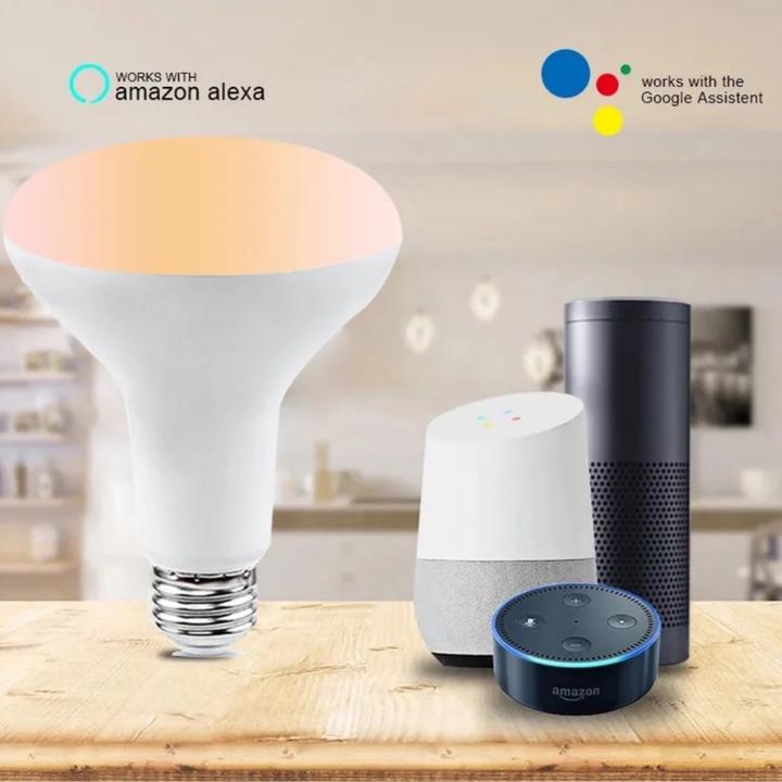 Bombillas LED BR30 RGB mostrando opciones de colores personalizables para diferentes ambientes.
