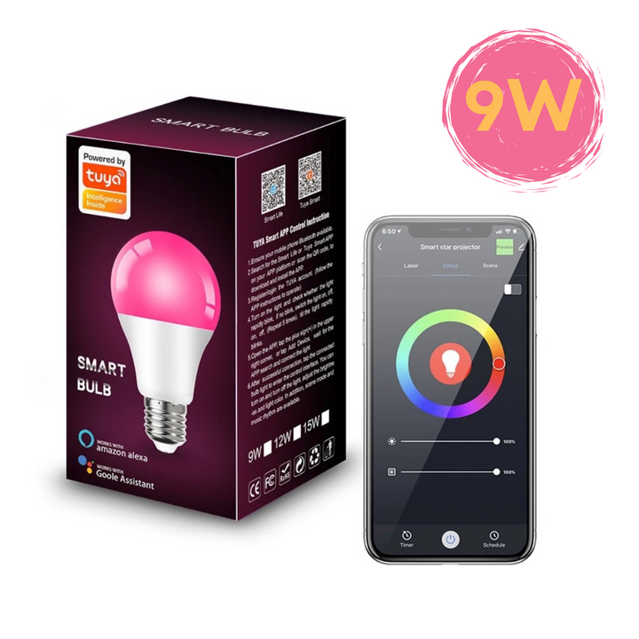 Vista general del bombillo LED RGB inteligente WiFi 9W compatible con Alexa y Google Assistant.