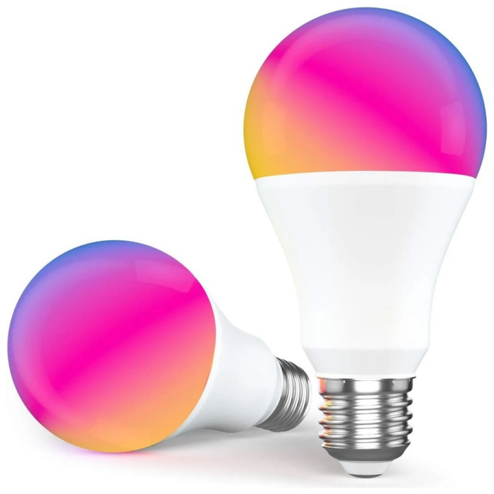 Bombillo LED RGB WiFi mostrando colores vibrantes y personalizables desde la app Tuya Smart.