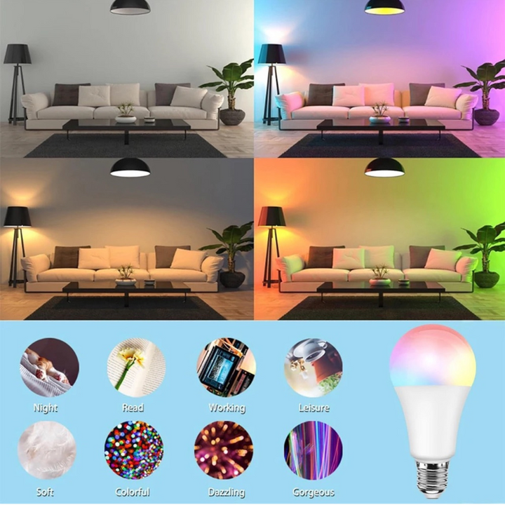 Bombillos LED RGB WiFi con modos de escena preestablecidos para diferentes ambientes.