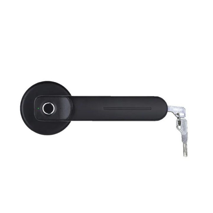 Cerradura Inteligente F2 Bluetooth con huella dactilar, llave mecánica y puerto USB de emergencia. Diseñada en aleación de zinc, ofrece apertura rápida en 0.25 segundos, almacenamiento de hasta 30 huellas dactilares y compatibilidad con pilas AAA. Ideal para hogares, oficinas, apartamentos y propiedades hoteleras, combina seguridad biométrica y un diseño moderno en acabado plata.