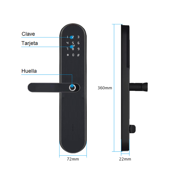 Métodos de apertura de la Cerradura H50: Huella, clave, tarjeta, llave mecánica y app Tuya – Versatilidad en el acceso con un sistema de seguridad moderno y confiable.