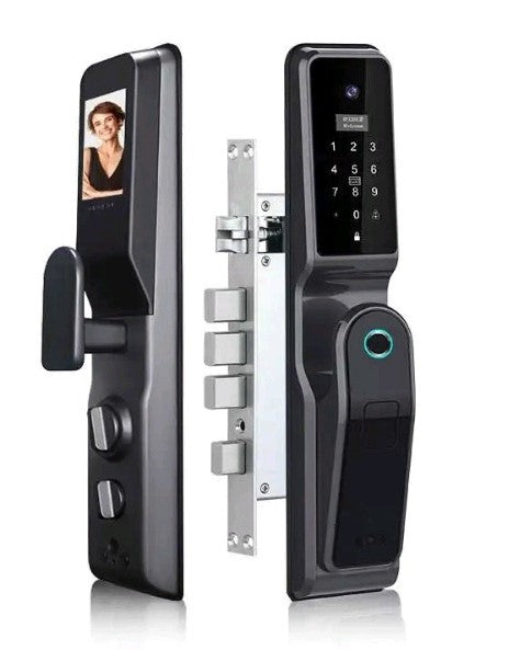 Cerradura H8 Inteligente Motorizada con Cámara, Huella Dactilar, Clave Digital y App Tuya. Compatible con puertas de madera y metal de 4-10 cm de grosor. Incluye batería recargable, llaves, tarjetas IC y control remoto mediante aplicación. Seguridad avanzada para hogares y oficinas.