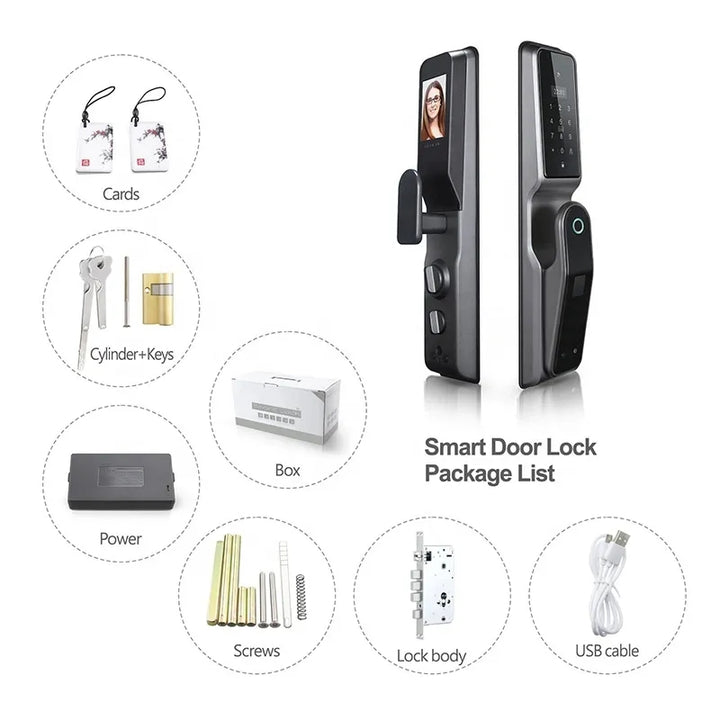 Cerradura H8 Inteligente Motorizada con Cámara, Huella Dactilar, Clave Digital y App Tuya. Compatible con puertas de madera y metal de 4-10 cm de grosor. Incluye batería recargable, llaves, tarjetas IC y control remoto mediante aplicación. Seguridad avanzada para hogares y oficinas.