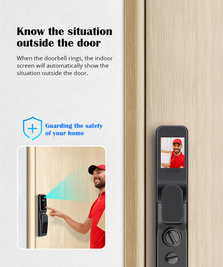 Cerradura H8 Inteligente Motorizada con Cámara, Huella Dactilar, Clave Digital y App Tuya. Compatible con puertas de madera y metal de 4-10 cm de grosor. Incluye batería recargable, llaves, tarjetas IC y control remoto mediante aplicación. Seguridad avanzada para hogares y oficinas.