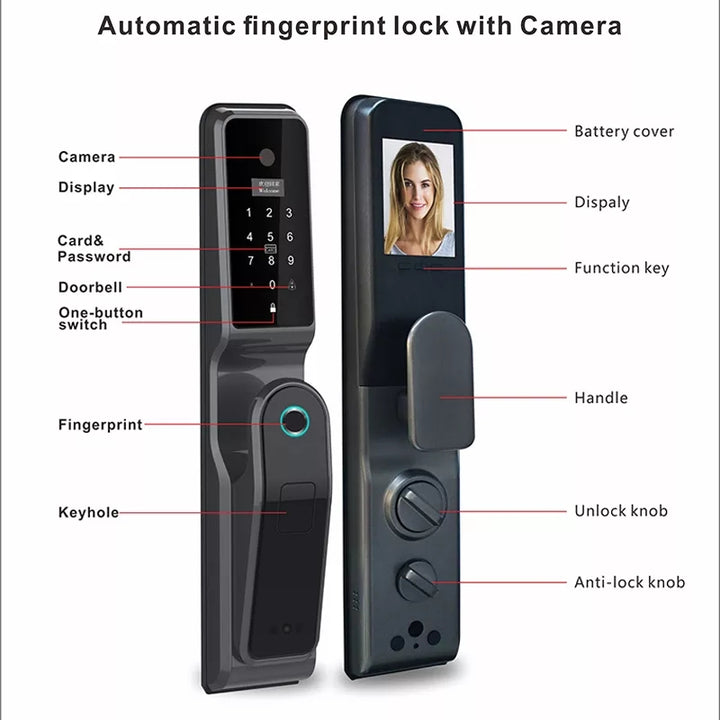 Cerradura H8 Inteligente Motorizada con Cámara, Huella Dactilar, Clave Digital y App Tuya. Compatible con puertas de madera y metal de 4-10 cm de grosor. Incluye batería recargable, llaves, tarjetas IC y control remoto mediante aplicación. Seguridad avanzada para hogares y oficinas.