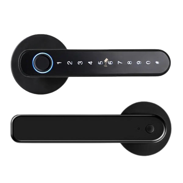 Cerradura Inteligente F4 con huella dactilar, clave numérica, tarjeta y Bluetooth, diseñada para interiores de hogares y oficinas. Compatible con puertas de 35-55 mm de grosor, permite múltiples métodos de apertura, incluyendo llaves mecánicas y control desde la app Tuya Smart. Con puerto de carga de emergencia y diseño reversible, es una solución moderna y confiable para garantizar la seguridad en tus espacios.