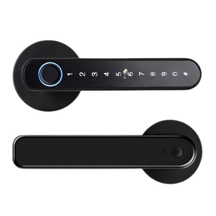 Cerradura Inteligente F4 con huella dactilar, clave numérica, tarjeta y Bluetooth, diseñada para interiores de hogares y oficinas. Compatible con puertas de 35-55 mm de grosor, permite múltiples métodos de apertura, incluyendo llaves mecánicas y control desde la app Tuya Smart. Con puerto de carga de emergencia y diseño reversible, es una solución moderna y confiable para garantizar la seguridad en tus espacios.