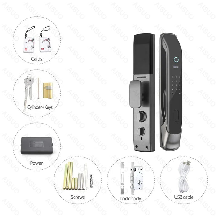 Cerradura WiFi G3 con Control desde Tuya Smart – Desbloqueo con 5 métodos de acceso: huella digital, clave, tarjeta IC, app móvil y llave mecánica. Compatible con puertas de madera y metal, ideal para modernizar la seguridad de tu hogar o negocio.