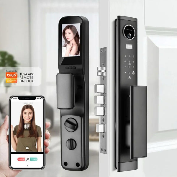Cerradura inteligente K1 Pro, reconocimiento facial, videollamada integrada, cerradura biométrica, huella digital, cerradura con app móvil, control remoto por WiFi, cerradura con clave digital, acceso sin llaves, cerradura con tarjeta inteligente, cerradura para hogar, seguridad avanzada, cerradura electrónica, apertura con rostro, cerradura de alta seguridad, cerradura con batería recargable, cerradura de puerta moderna, cerradura compatible con Tuya Smart, control de acceso inteligente.