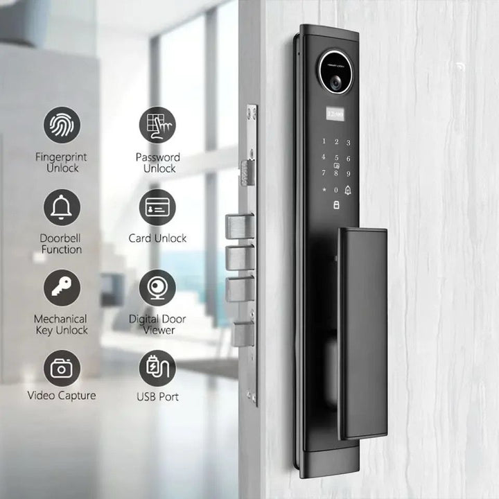 Cerradura K1 Pro con videollamada en tiempo real y timbre integrado. Habla con tus visitantes desde la app y asegura el acceso a tu propiedad.