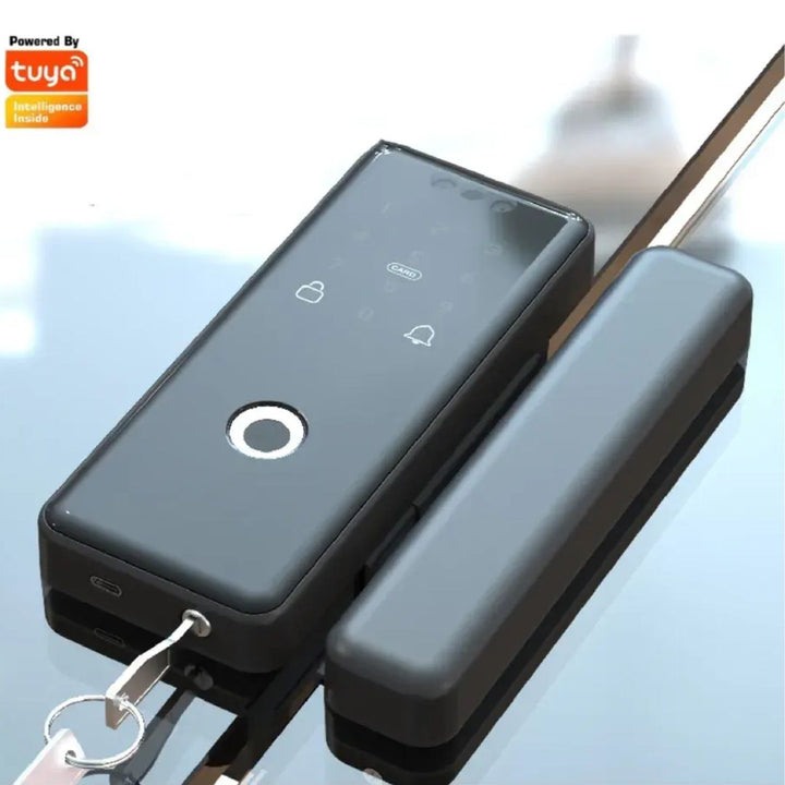 Cerradura Inteligente B3 Pro Tuya para puertas de vidrio, con huella digital, reconocimiento facial, clave numérica y control remoto desde la app Tuya Smart. Compatible con vidrio de 8 a 12 mm y conectividad Bluetooth.