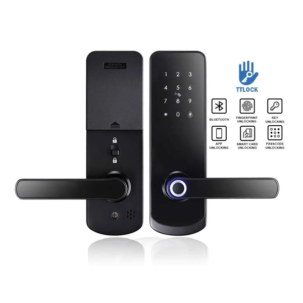 Cerradura Inteligente T1 TT Lock con Bluetooth, huella digital, clave numérica, tarjetas RF y llave mecánica. Ideal para hogares, negocios y propiedades de alquiler. Incluye conectividad avanzada para gestión remota desde la app TT Lock, múltiples métodos de acceso y un diseño elegante para combinar seguridad y modernidad.