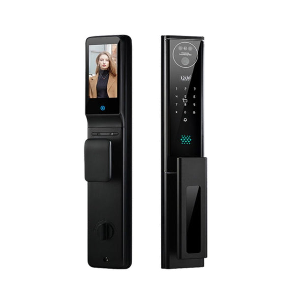Cerradura Inteligente X6 PLUS con reconocimiento facial y de palma, huella digital, clave, tarjeta RFID y videollamada. Compatible con WiFi 2.4 GHz y la app Tuya Smart. Resistente al agua y al polvo con certificación IP68. Fabricada en aleación de zinc, es ideal para puertas exteriores. Incluye métodos de desbloqueo avanzados y batería recargable de larga duración.