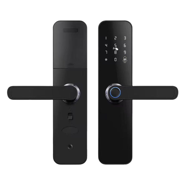 Cerradura Inteligente Z13T con huella digital, clave numérica, tarjetas RFID y llave mecánica. Compatible con la app Ttlock para control Bluetooth, generación de claves temporales y monitoreo de accesos en hogares, oficinas y propiedades de alquiler como Airbnb.