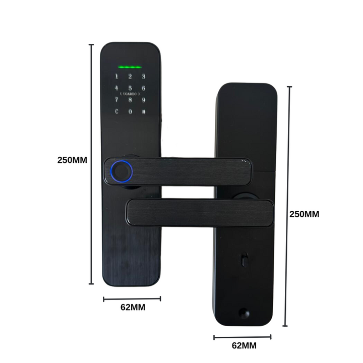 Cerradura Inteligente Z13 Tuya WiFi con huella digital, clave, tarjeta RFID y llave mecánica. Permite registrar hasta 100 usuarios por huella y tarjeta. Compatible con la app Tuya Smart para desbloqueo remoto, generación de claves temporales y monitoreo de acceso. Ideal para hogares y propiedades de alquiler tipo Airbnb, fabricada en diseño moderno y conectividad WiFi 2.4 GHz.