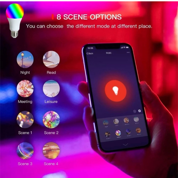 Bombillo LED RGB WiFi controlado por comandos de voz mediante Alexa y Google Assistant.
