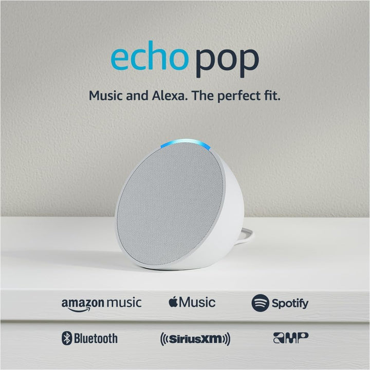 Altavoz inteligente Amazon Echo Pop con Alexa integrada, diseño compacto, conectividad Wi-Fi y Bluetooth, control por voz, reproducción de música y compatibilidad con dispositivos de hogar inteligente.