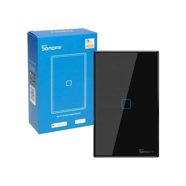 SONOFF T3US1C, interruptor inteligente, Wi-Fi 2.4 GHz, un canal, control de iluminación, diseño negro, vidrio templado, eWeLink, compatible Alexa, compatible Google Assistant, automatización del hogar, retroiluminación LED, escenas inteligentes, temporizadores, hogar conectado, interruptor táctil, domótica avanzada.