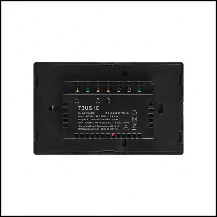 SONOFF T3US1C, interruptor inteligente, Wi-Fi 2.4 GHz, un canal, control de iluminación, diseño negro, vidrio templado, eWeLink, compatible Alexa, compatible Google Assistant, automatización del hogar, retroiluminación LED, escenas inteligentes, temporizadores, hogar conectado, interruptor táctil, domótica avanzada.