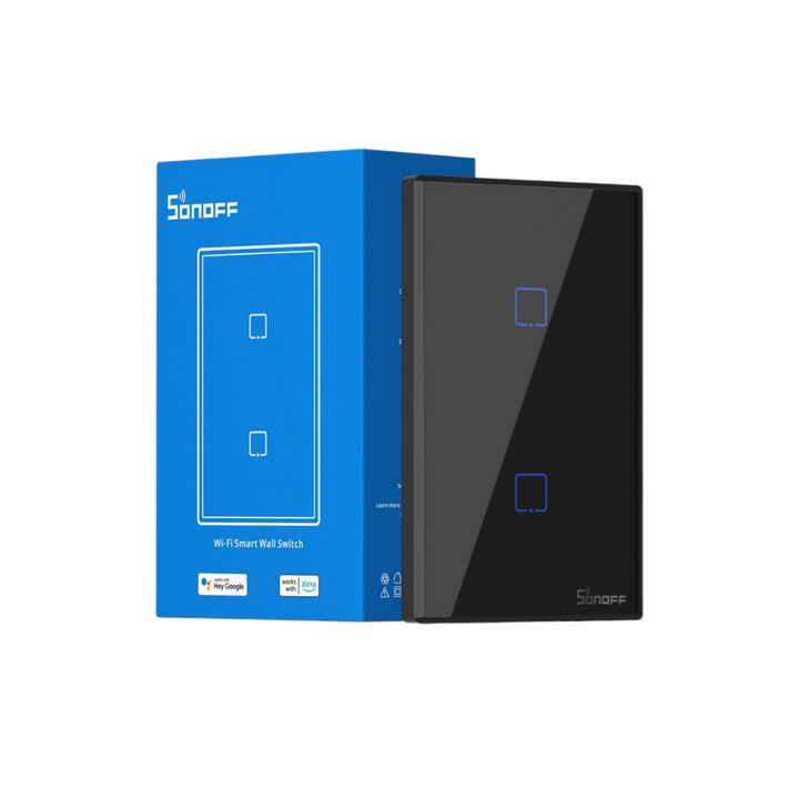 ONOFF T3US2C, interruptor inteligente, Wi-Fi 2.4 GHz, dos canales, control de iluminación, diseño negro, vidrio templado, eWeLink, compatible Alexa, compatible Google Assistant, automatización del hogar, retroiluminación LED, escenas inteligentes, temporizadores, hogar conectado, interruptor táctil, domótica avanzada.