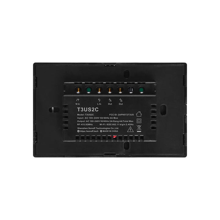 SONOFF T3US2C, interruptor inteligente, Wi-Fi 2.4 GHz, dos canales, control de iluminación, diseño negro, vidrio templado, eWeLink, compatible Alexa, compatible Google Assistant, automatización del hogar, retroiluminación LED, escenas inteligentes, temporizadores, hogar conectado, interruptor táctil, domótica avanzada.