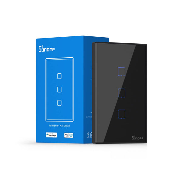 SONOFF T3US3C, interruptor inteligente, Wi-Fi 2.4 GHz, tres canales, control de iluminación, color negro, diseño elegante, vidrio templado, eWeLink, compatible Alexa, compatible Google Assistant, automatización del hogar, escenas inteligentes, temporizadores, retroiluminación LED, interruptor moderno, hogar inteligente.