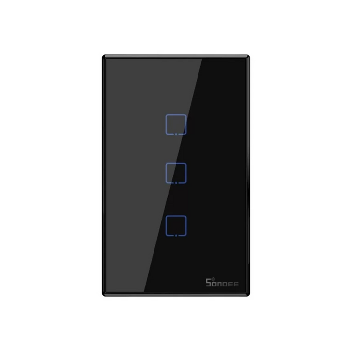 SONOFF T3US3C, interruptor inteligente, Wi-Fi 2.4 GHz, tres canales, control de iluminación, color negro, diseño elegante, vidrio templado, eWeLink, compatible Alexa, compatible Google Assistant, automatización del hogar, escenas inteligentes, temporizadores, retroiluminación LED, interruptor moderno, hogar inteligente.