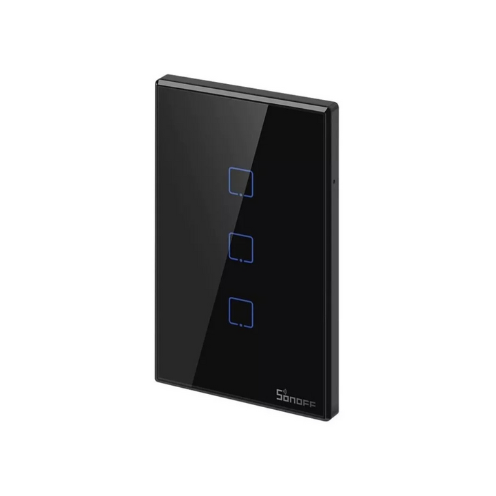 SONOFF T3US3C, interruptor inteligente, Wi-Fi 2.4 GHz, tres canales, control de iluminación, color negro, diseño elegante, vidrio templado, eWeLink, compatible Alexa, compatible Google Assistant, automatización del hogar, escenas inteligentes, temporizadores, retroiluminación LED, interruptor moderno, hogar inteligente.