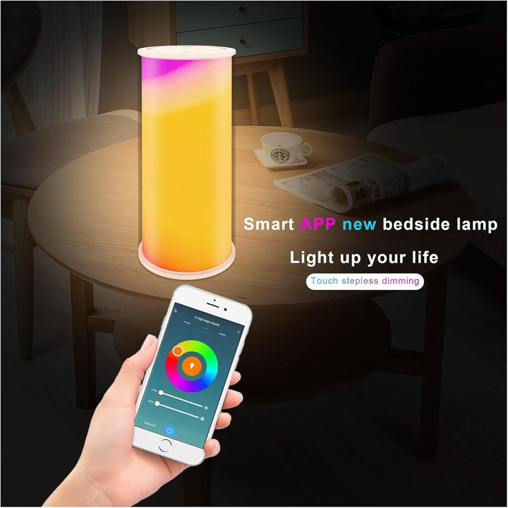 Lámpara LED RGB inteligente con batería incorporada, control de voz, compatible con Google Assistant y Amazon Alexa. Diseñada para ser colocada en escritorios o superficies, con modos duales de graffiti y sinfonía. Con fuente de alimentación USB, fácil de cargar y usar en cualquier espacio.