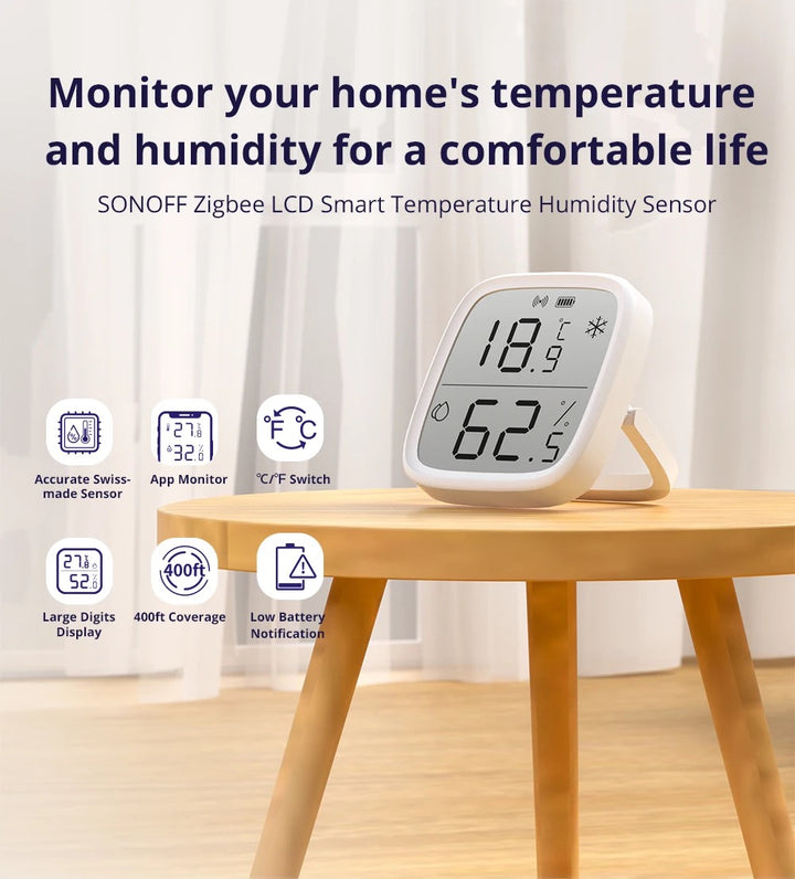 SONOFF SNZB-02D, sensor de temperatura, sensor de humedad, Zigbee 3.0, pantalla LCD, monitoreo ambiental, automatización del hogar, eWeLink, control por voz, Amazon Alexa, Google Assistant, sensor inteligente, medición precisa, bajo consumo de energía, domótica avanzada, monitoreo en tiempo real, hogares inteligentes.