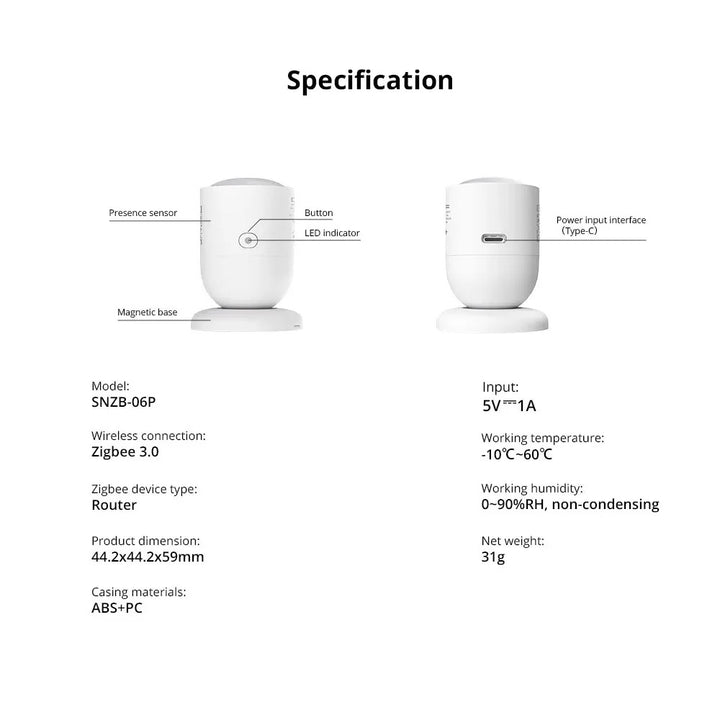 SONOFF SNZB-06P, sensor de presencia humana, radar de microondas, Zigbee 3.0, detección de movimiento, sensor de luz integrado, automatización inteligente, hogar conectado, eWeLink, control por voz, compatible Alexa, compatible Google Assistant, SmartThings, Home Assistant, seguridad doméstica, automatización de iluminación, sensor de alta precisión.