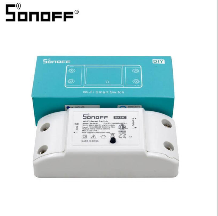 SONOFF Basic R2, relé inteligente, automatización del hogar, control remoto, Wi-Fi 2.4 GHz, eWeLink, compatible Alexa, compatible Google Assistant, interruptor inteligente, control de luces, automatización de electrodomésticos, hogar conectado, domótica económica, temporizadores inteligentes, escenas personalizadas, carga máxima 10A, certificación TÜV, CE y RoHS, fácil instalación, seguridad eléctrica, relé compacto.