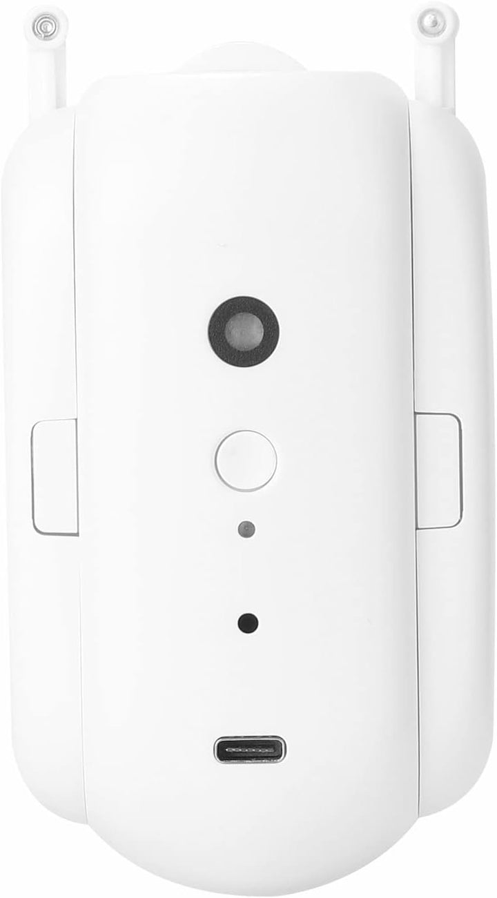 Dispositivo automatizador de cortinas con batería recargable, control remoto y detección de temperatura y luz.