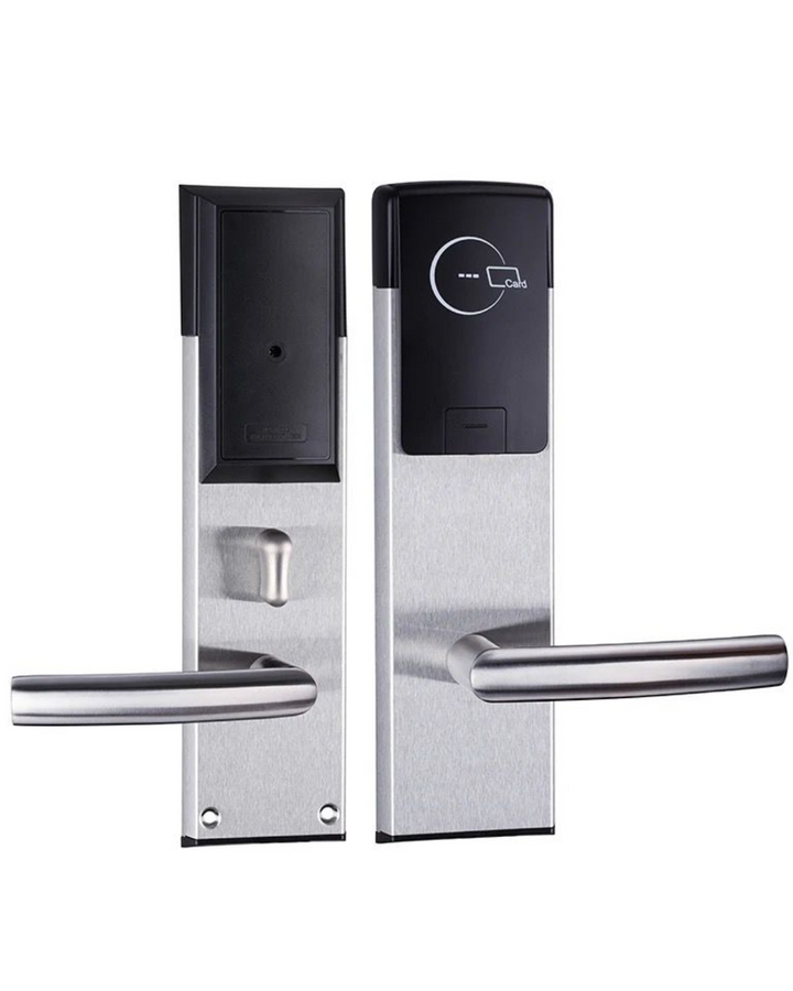 Cerradura Inteligente HT2 para hotel, fabricada en acero inoxidable, con tecnología RFID, soporte Bluetooth, y métodos de apertura con tarjetas IC, software y llave mecánica. Compatible con Opera PMS y puertas estándar ANSI. Ideal para garantizar seguridad y comodidad en entornos de hospitalidad.
