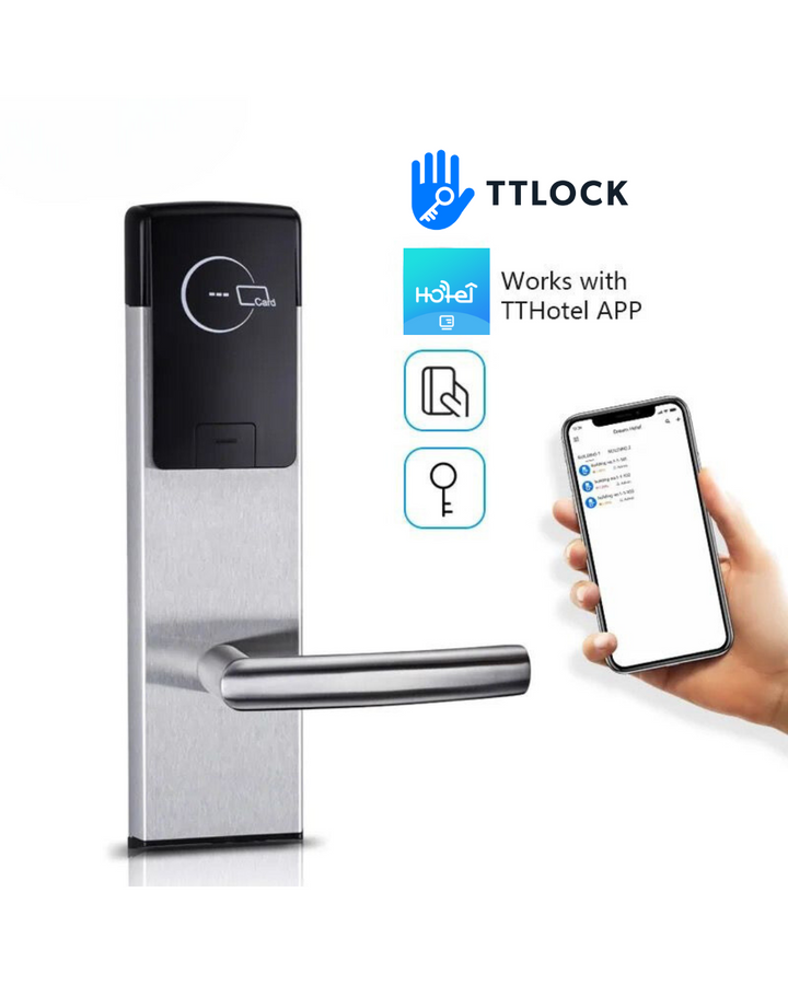 Cerradura Inteligente HT2 con tecnología RFID y Bluetooth, compatible con software TTHotel y TTLock, ideal para la gestión eficiente de accesos en hoteles y propiedades de hospitalidad.