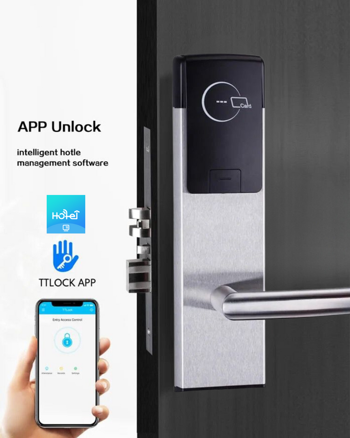 Cerradura HT2 fabricada en acero inoxidable con mortise eléctrico 7098, equipada con apertura mediante tarjeta IC, llave mecánica y control Bluetooth para máxima seguridad y comodidad.