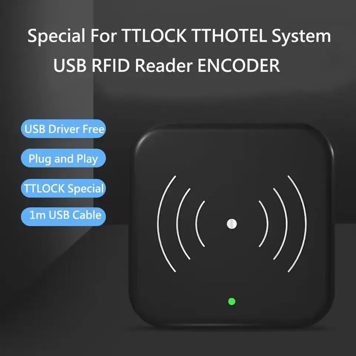 Kit completo del Codificador Inteligente de Tarjetas RFID, que incluye cable USB tipo C para una integración sencilla y una gestión eficiente de accesos.