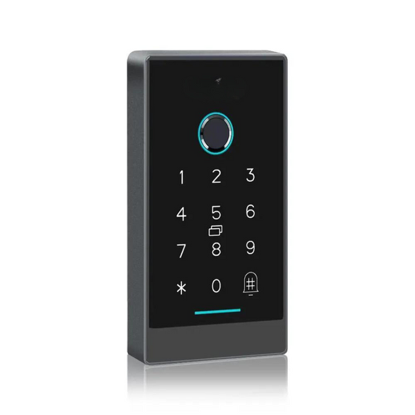 Control de acceso inteligente H3 TTLock con Bluetooth, huella dactilar, tarjeta IC y contraseña. Material de aluminio y vidrio templado, certificado IP66 para exteriores. Ideal para hogares y oficinas.