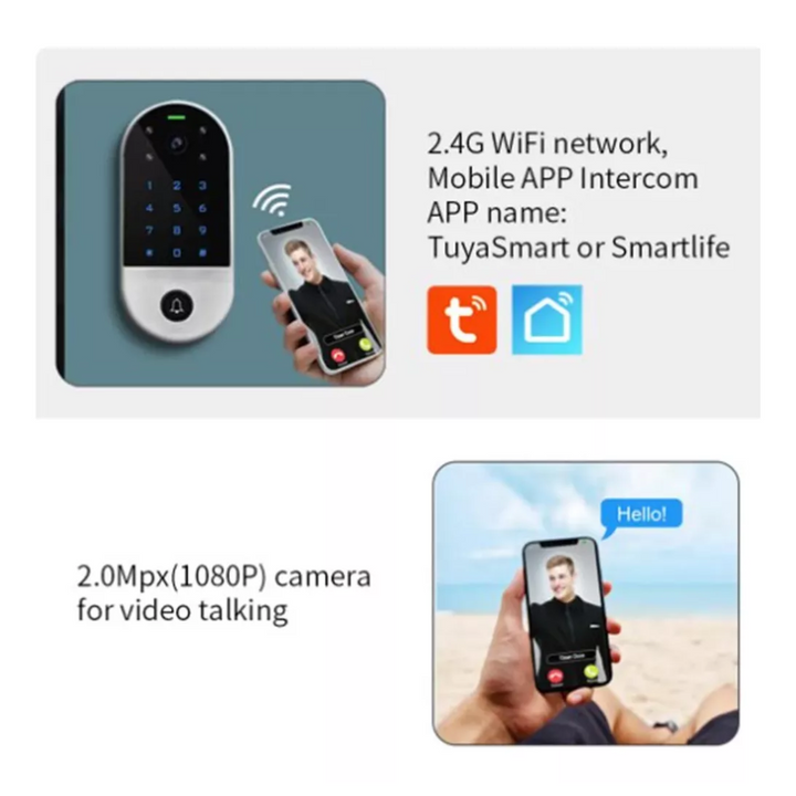 Intercomunicador y Control de Acceso H4 con WiFi, cámara HD de 2.0 Mpx, gran angular de 140°, visión nocturna a color, desbloqueo remoto vía Tuya Smart, teclado táctil, lector de tarjetas RFID y detección de movimiento para una seguridad avanzada en hogares y oficinas.