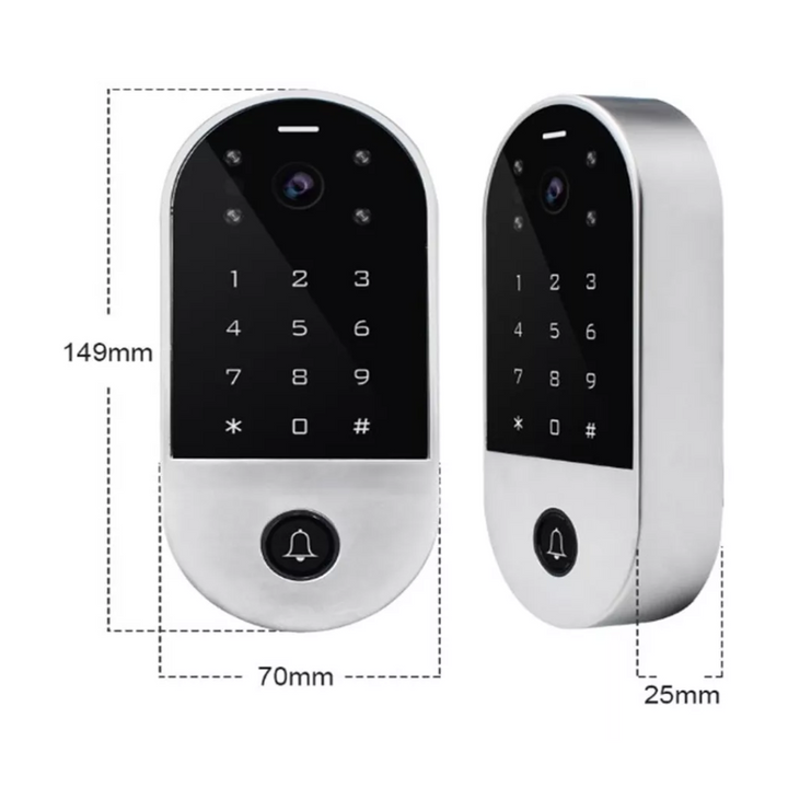 Intercomunicador y Control de Acceso H4 con WiFi, cámara HD de 2.0 Mpx, gran angular de 140°, visión nocturna a color, desbloqueo remoto vía Tuya Smart, teclado táctil, lector de tarjetas RFID y detección de movimiento para una seguridad avanzada en hogares y oficinas.