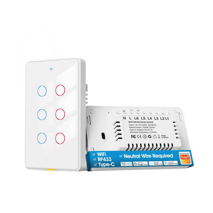 Control del interruptor inteligente WiFi de 6 botones mediante las apps Tuya Smart o Smart Life, con programación de escenas y temporizadores