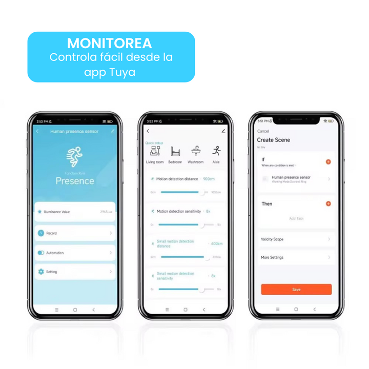 Control desde la app Tuya Smart o Smart Life del sensor de presencia y luz Zigbee, con historial de eventos y notificaciones en tiempo real.