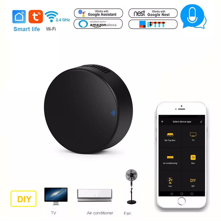 Mini control remoto domótico que permite gestionar aire acondicionado, TV, ventiladores y cortinas motorizadas desde el celular.