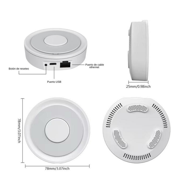 Detalle del diseño del Gateway Zigbee 3.0 alámbrico con alimentación USB 5V/1A, compacto y eficiente para integración en hogares inteligentes.